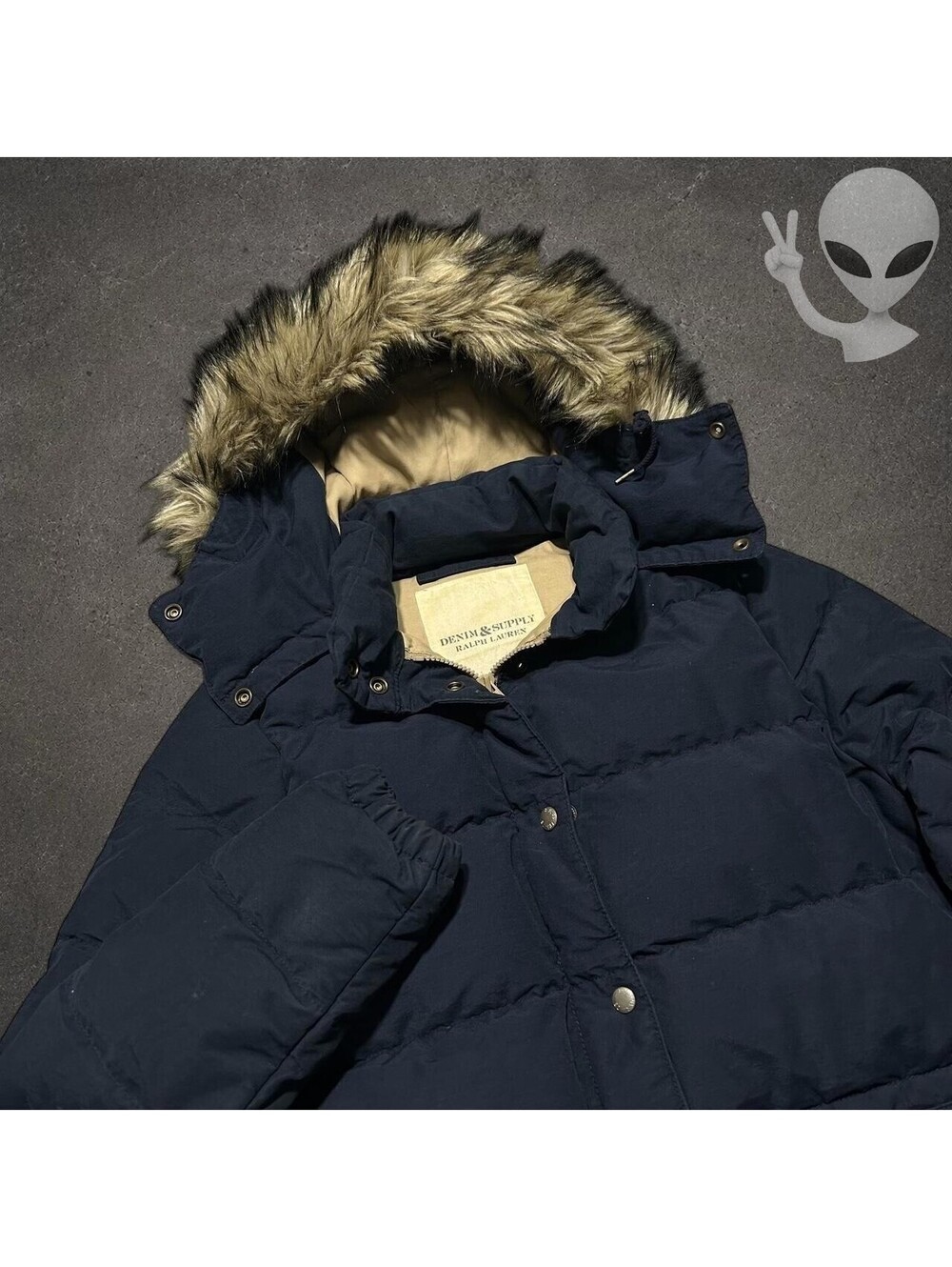 Denim & Supply Ralph Lauren Puffer Jacket Womens S Navy Blue Down Faux Fur Trim